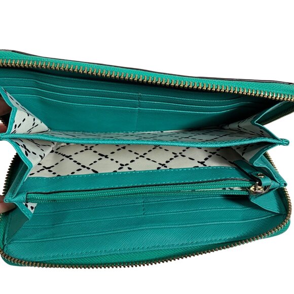 Kate Spade New York Teal Leather Zip-Around Wallet Gold Logo Hardware Womens - Picture 7 of 13